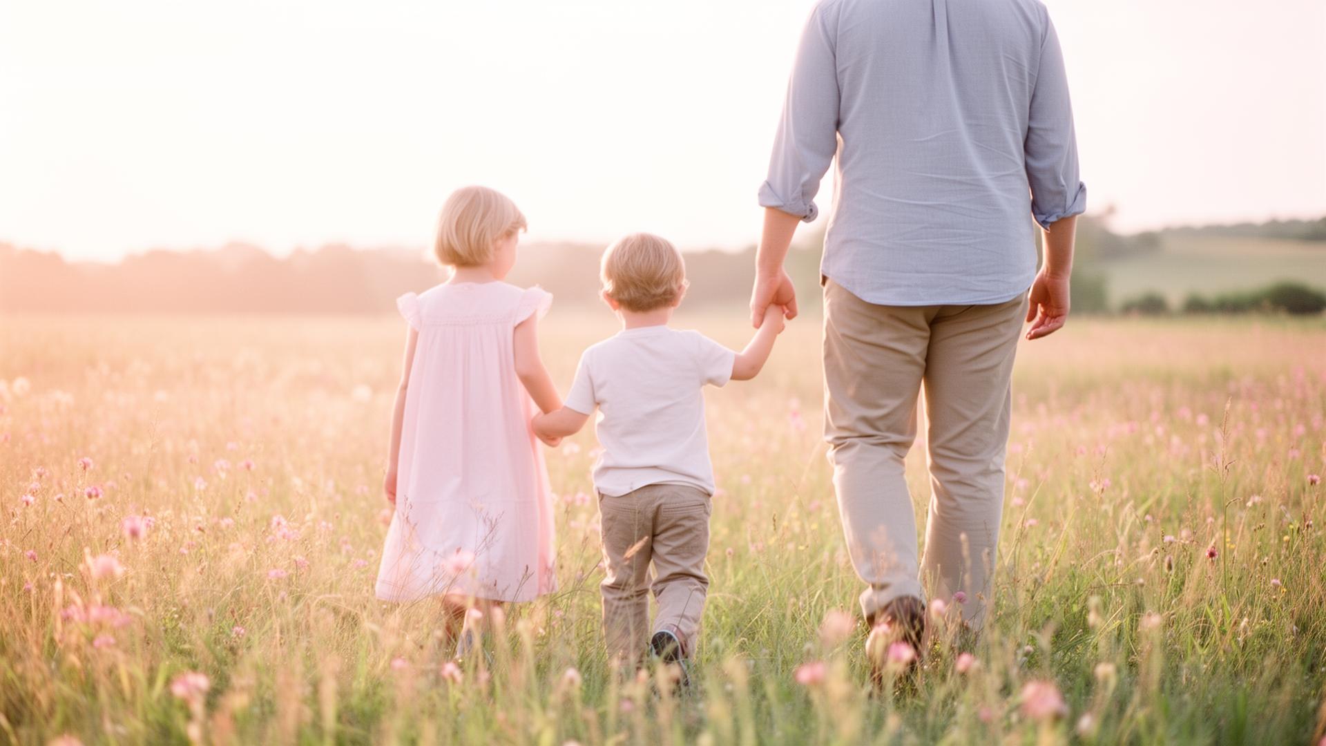 Elternteil hält Kinder an der Hand und läuft durch eine Blumenwiese